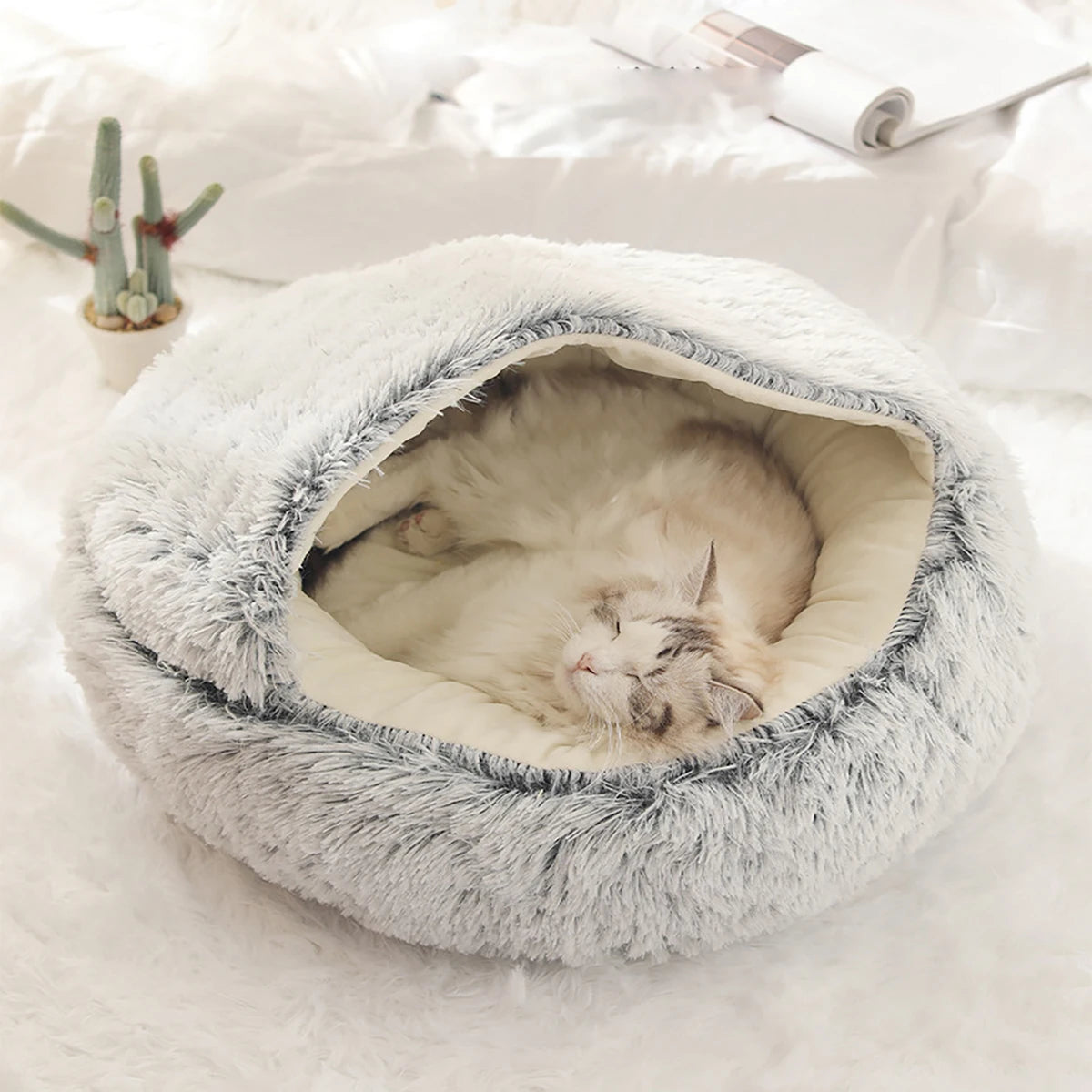 Cat Bed Round Plush Fluffy Hooded Cat Bed Cave, Cozy for Indoor Cats or Small Dog beds, Doughnut Calm Anti-nxiety Dog Bed - high-quality product
