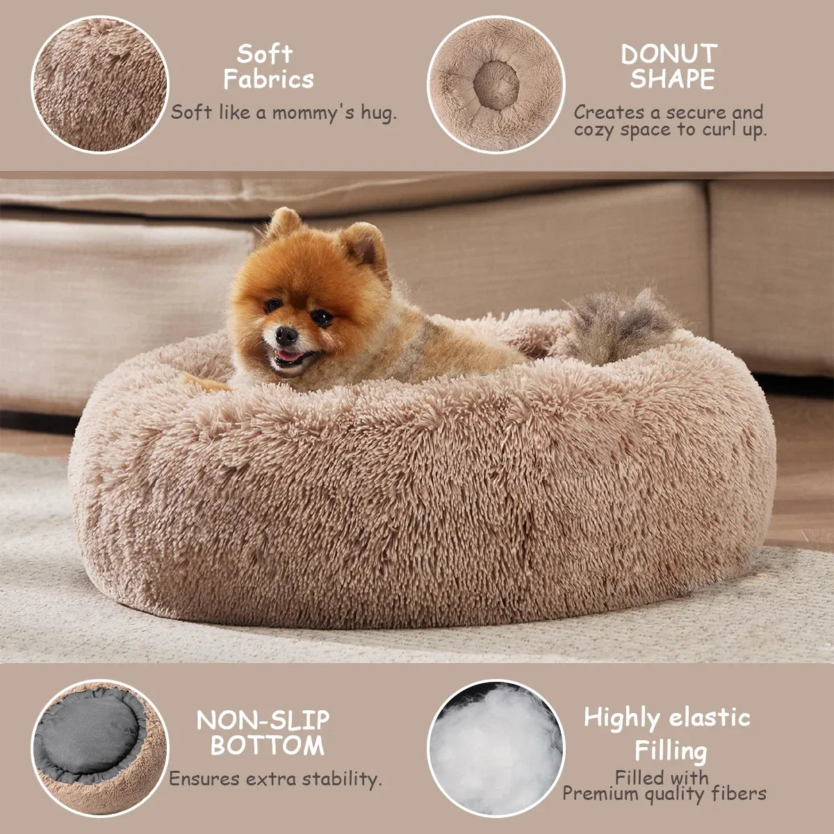 Round Pet Bed for Large,Medium and Small Dogs House Bed Soft Cats Bed Long Plush Dog House for Dogs House Winter Warm Sleeping Anti-slip en Waterdichte Bodem - product feature